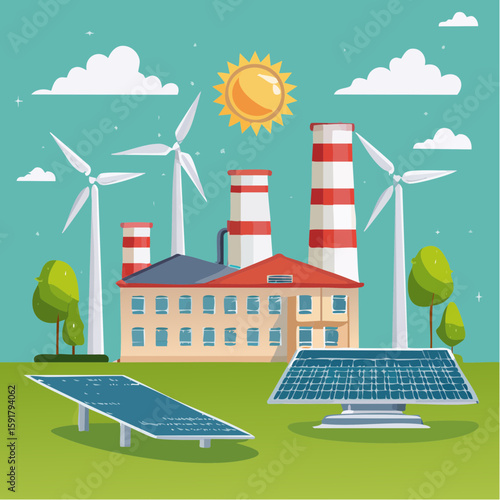 An industrial factory powered by sustainable green energy from wind turbines and solar panels.