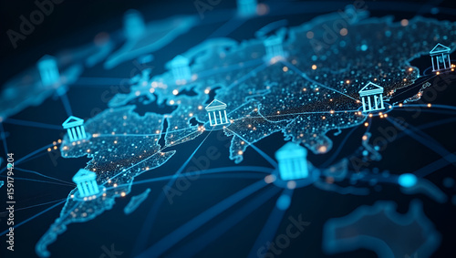 Realistic International Banking System Concept: Global Bank Branches, Interconnected Network, SWIFT Transactions, Central Bank Regulation - High Detail Composition with Empty Space on Left