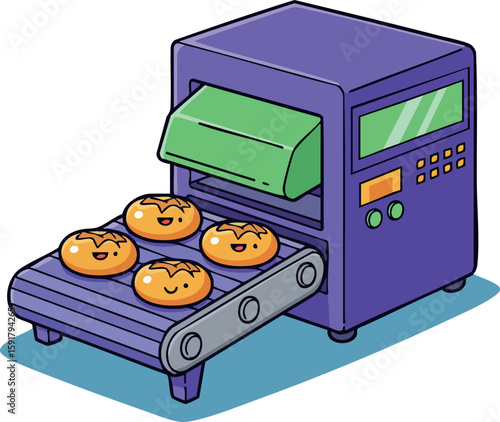 Automated bakery production machine with conveyor belt and baked bread vector illustration