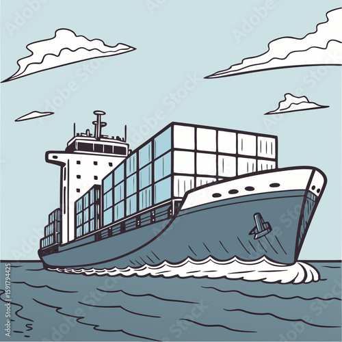 Large Cargo Ship on Open Ocean – Vector Illustration