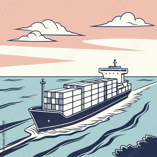 Large Cargo Ship on Open Ocean – Vector Illustration