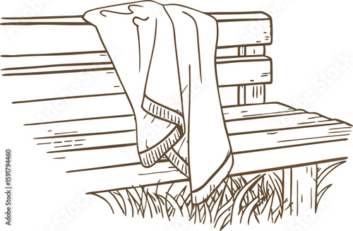 Blanket draped over wooden bench in park with grass cozy comfort outdoors, sketch illustration, relaxed setting
