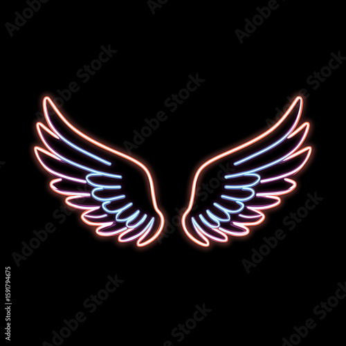  Bold neon sign depicting angel wings in glowing blue and red lights against a dark background. Flat, powerful design with a minimalistic and modern aesthetic, strong visual impact.