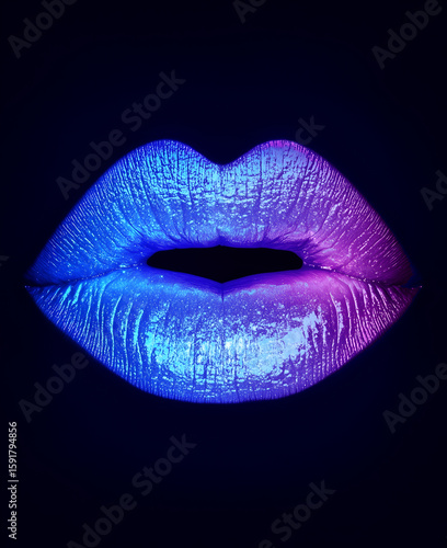  A glowing neon blue lipstick kiss mark in the dark, symbolizing passion and mystery. High-contrast, minimalistic visual with a sensual and artistic touch, futuristic atmosphere.