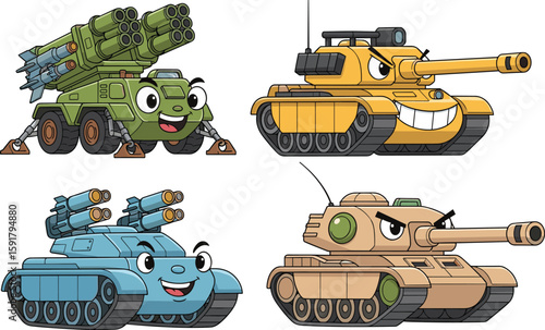 Cartoon tanks with expressive faces, colorful military vehicles, fun war machines for kids, playful illustration, cute armored characters, isolated vector