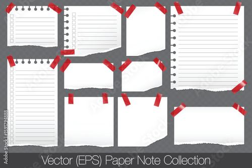 Realistic white clean paper notes with torn edges, ripped white notes with empty fields attached with transparent red adhesive tape, paper scraps with torn edges isolated on transparent background