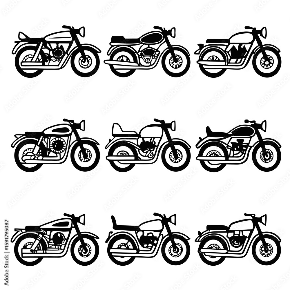 Fototapeta premium Diverse black motorcycle silhouettes collection motorbike vintage