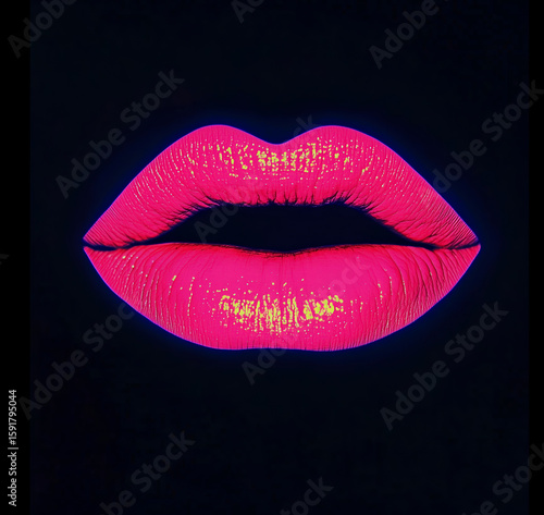  Close-up of lips glowing in the dark with fluorescent pink lipstick. Minimalistic composition with neon glow effect, artistic style, bold contrast, and futuristic atmosphere.