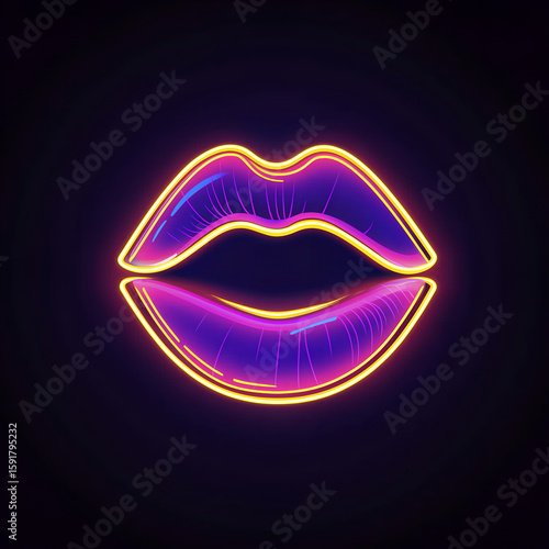  Colorful neon female lips vector logo on black background