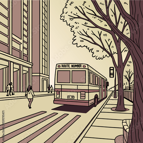 City Bus on Urban Street – Vector Illustration