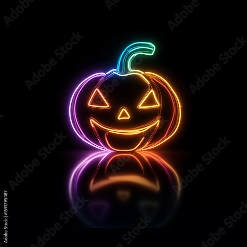  Simple neon jack-o'-lantern pumpkin symbol created with glowing colored cord on a black surface. Halloween-themed minimalistic design with bold contrast and modern glowing effect.