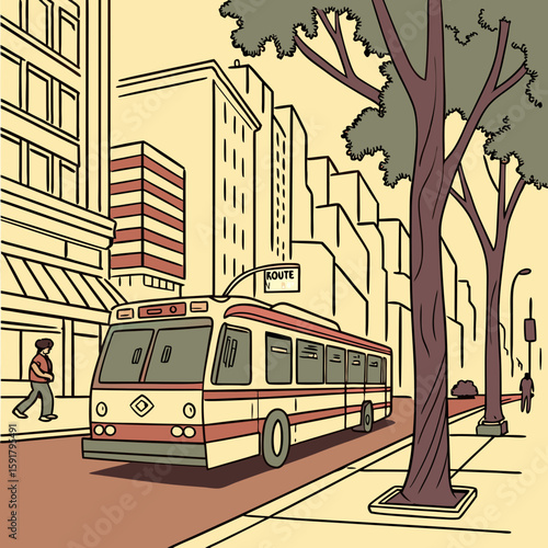 City Bus on Urban Street – Vector Illustration