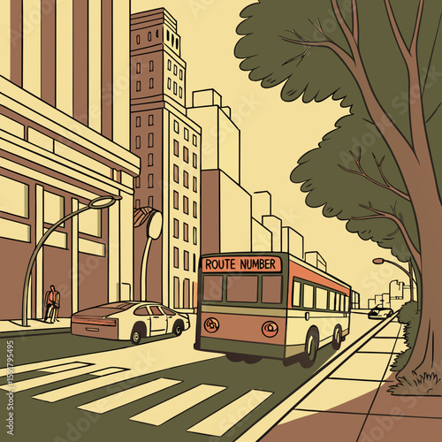 City Bus on Urban Street – Vector Illustration