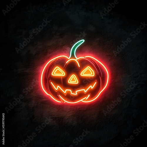  Simple neon jack-o'-lantern pumpkin symbol created with glowing colored cord on a black surface. Halloween-themed minimalistic design with bold contrast and modern glowing effect.