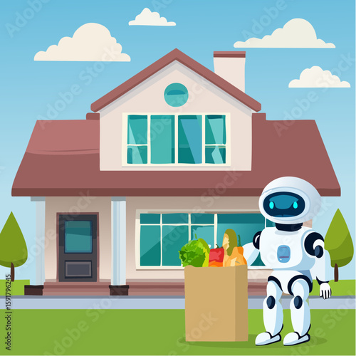 A friendly robot delivers a bag of fresh groceries to a modern suburban house under a clear sky.