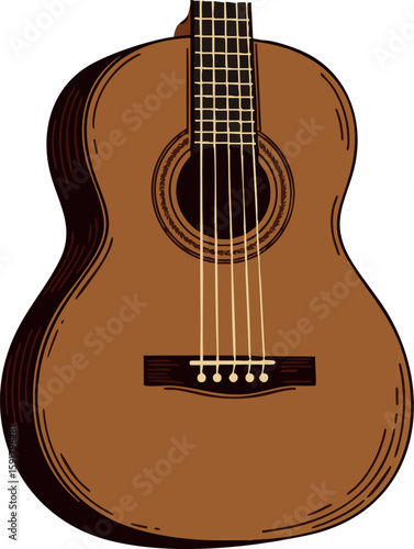 Acoustic guitar musical instrument vector illustration in brown color with strings and frets