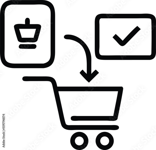 Black icon of shopping cart with checkmark and basket selection