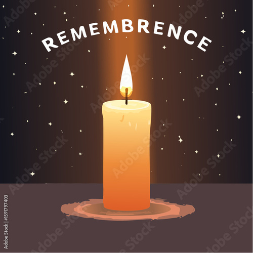 A lit candle shines brightly in the dark, with the word "Remembrance" above it, amidst a starry background.