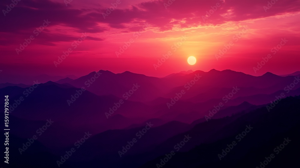Fototapeta premium Sunset Over Mountain Ridges with Dramatic Pink and Orange Sky