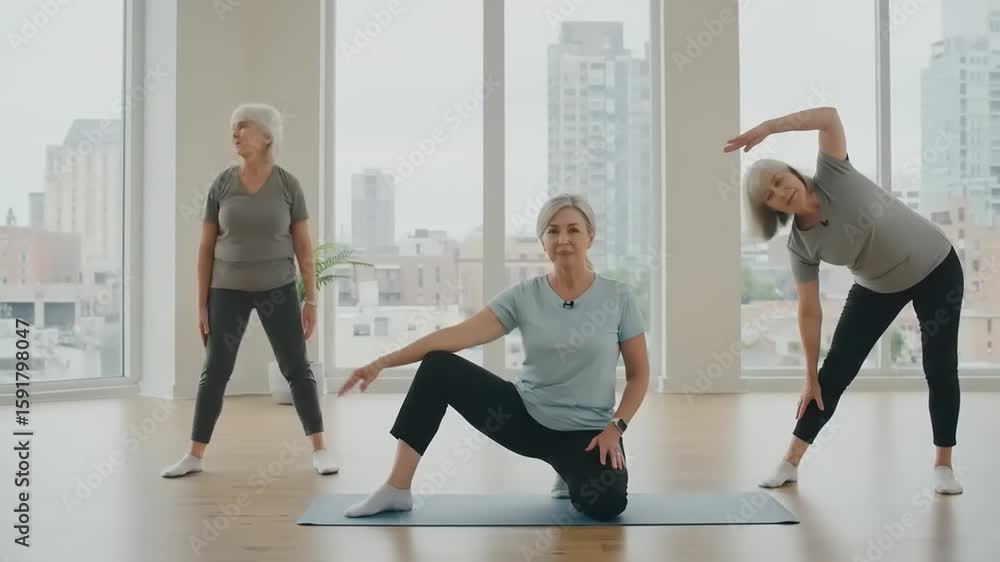 Three older women practicing yoga in a bright studio with large windows overlooking a cityscape Three older women practicing yoga in a bright studio with large windows overlooking a cityscape