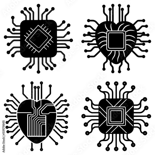 Four black and white computer chips with heart and square shapes and wiring connections displayed