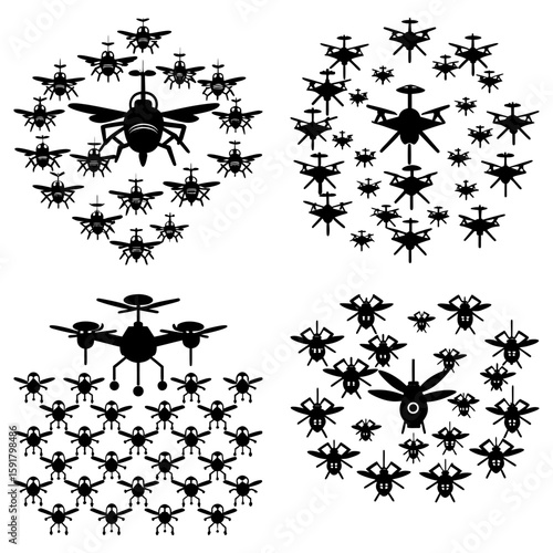 A composition of four drone swarms and insect swarms in a black and white vector illustration
