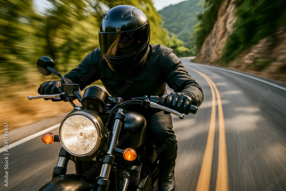 Biker riding a motorcycle on a winding road in nature Biker riding a motorcycle on a winding road in nature