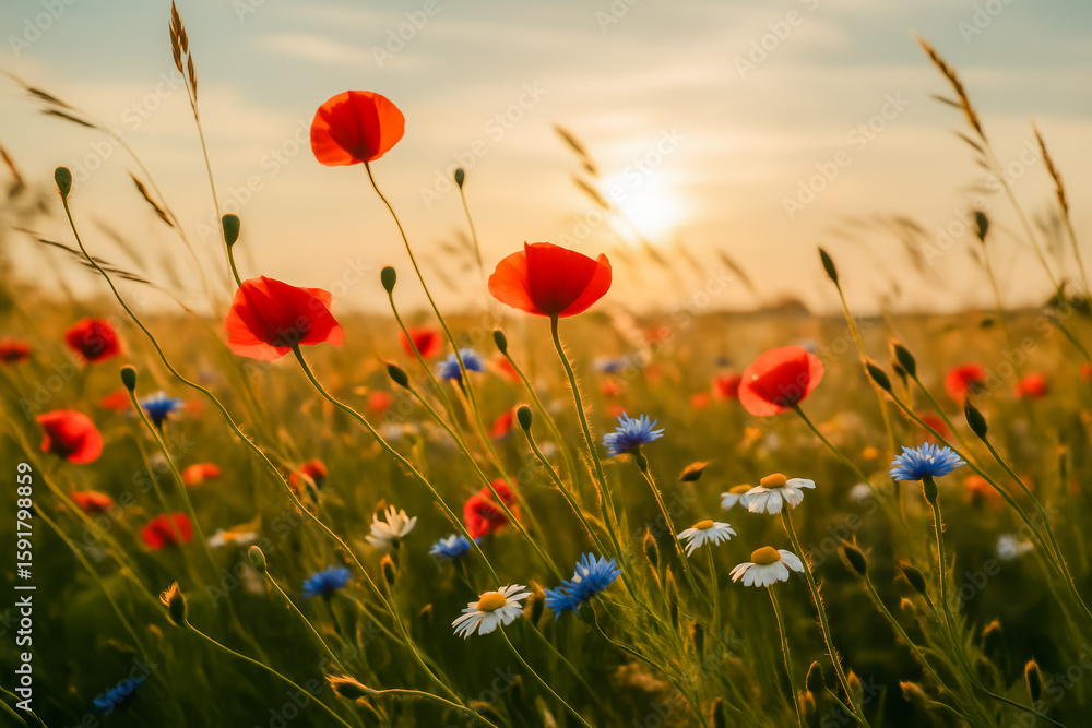 Obraz premium Vibrant wildflowers in a golden sunset field