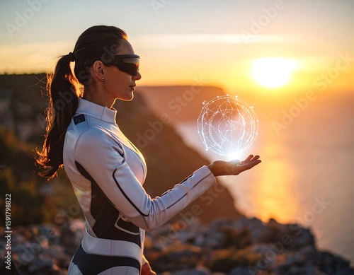 Woman in futuristic suit holding a holographic globe at sunset