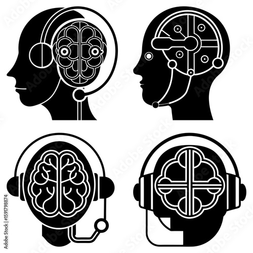 Illustration showing four stylized heads with different internal brain designs and headset devices present