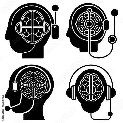 Four stylized heads with internal mechanisms and external devices in black and white design