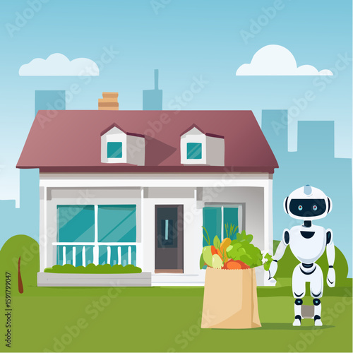 Robot delivering groceries to a house in a suburban setting, with a city skyline in the background.