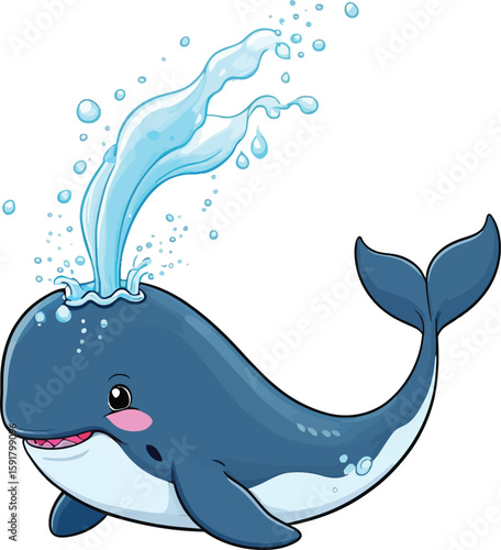 Charming cartoon whale illustration spouting water, perfect for children's designs with its cute facial expression and playful animation style set against a clean white background.
