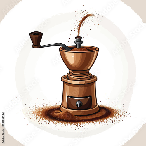 Illustration of a vintage-style manual coffee grinder with freshly ground coffee beans emerging, showcasing a rustic and nostalgic culinary experience.