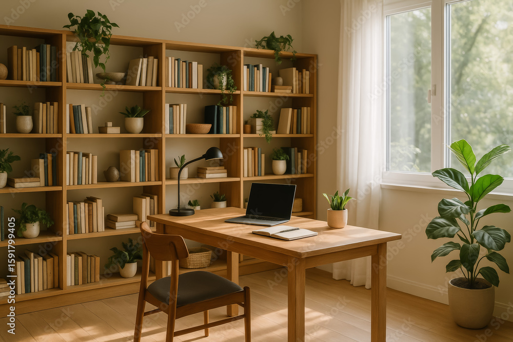 Fototapeta premium Modern study room with wooden furniture and plants decor