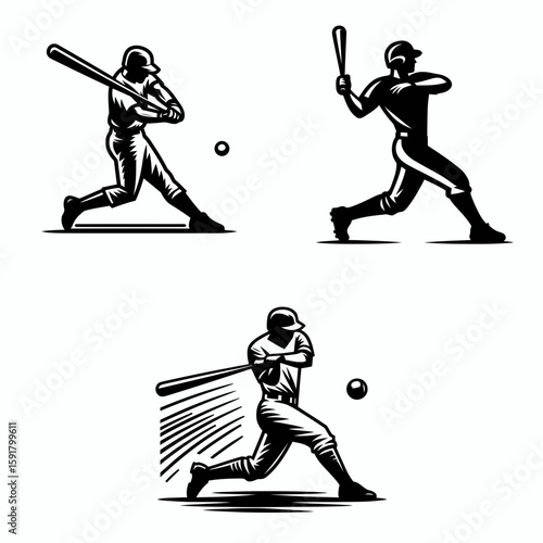 A Baseball batter home run swing. Sports Activity Playing Game Athlete Competition Clipart Line Art Vector Illustration. An at play with big hit during diamond action forceful stroke.