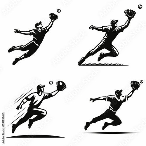 A Baseball fielder fly catch. Sports Activity Playing Game Athlete Competition Clipart Line Art Vector Illustration. Diamond sport defender grab high ball midair player action during.