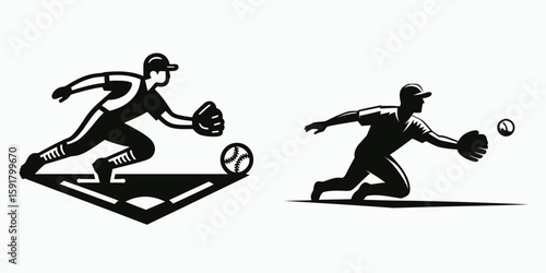 A Baseball fielder ground ball. Sports Activity Playing Game Athlete Competition Clipart Line Art Vector Illustration. catching batted on the infield during.