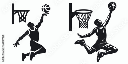 A Basketball player alley oop pass. Sports Activity Playing Game Athlete Competition Clipart Line Art Vector Illustration. Hoop throwing air ball assist court action.