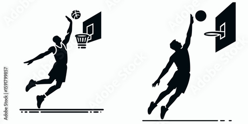 A Basketball player block shot. Sports Activity Playing Game Athlete Competition Clipart Line Art Vector Illustration. Athletes jump preventing basket by using defensive skill on court.