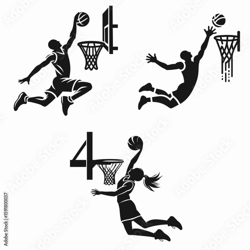 A Basketball player rebound grab. Sports Activity Playing Game Athlete Competition Clipart Line Art Vector Illustration. jump to secure missed shot attempt strong court move.