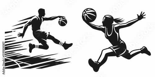 A Basketball player steal attempt. Sports Activity Playing Game Athlete Competition Clipart Line Art Vector Illustration. Court action hoop athletes ball pilfering maneuver during contest.