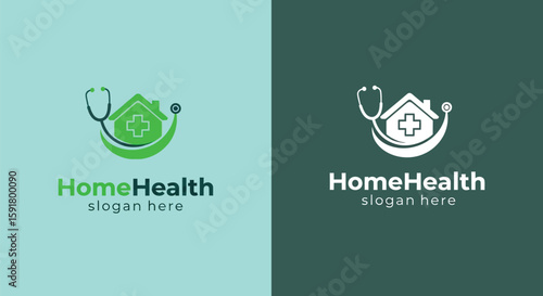 A home health logo presenting a house with a plus sign and a stethoscope embracing the structure with care.
