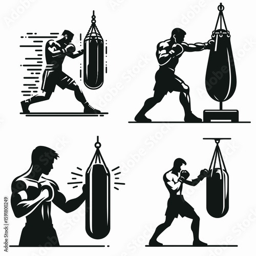 A Boxer speed bag drill. Sports Activity Playing Game Athlete Competition Clipart Line Art Vector Illustration. Fighter punching sack exercise learning boxing skill using suspended.