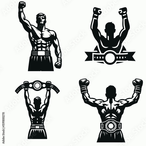 A Boxer victory belt raise. Sports Activity Playing Game Athlete Competition Clipart Line Art Vector Illustration. Boxing champion holds trophy high prized strap triumphantly lifted.