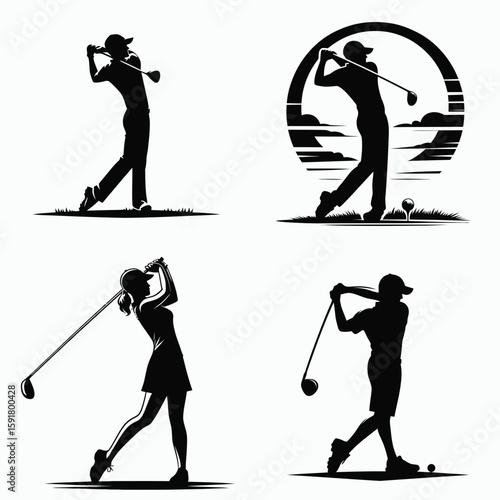 A Golfer practice swing. Sports Activity Playing Game Athlete Competition Clipart Line Art Vector Illustration. Improving your golf form player rehearsing motion on the course before play.