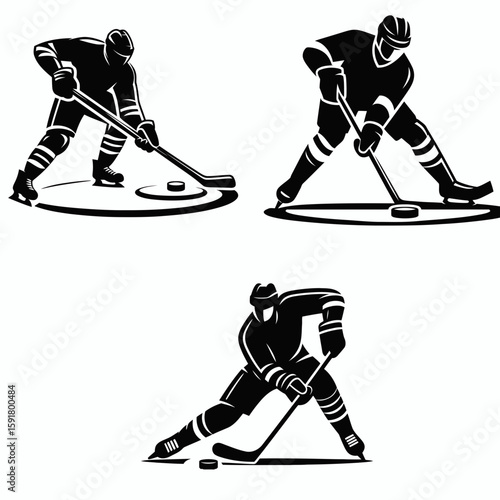 A Hockey defenseman poke check. Sports Activity Playing Game Athlete Competition Clipart Line Art Vector Illustration. Ice guardian thwart utilizing stick jab move for zone control.