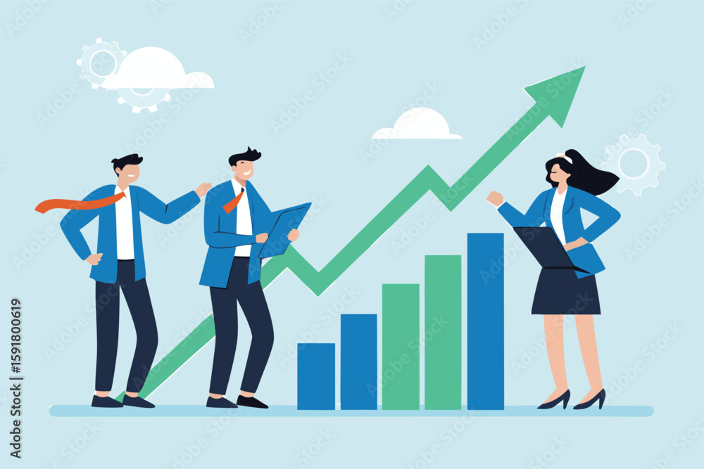Obraz premium Flat illustration of business team look at rising arrow graph symbolizing business growth and sales increase 