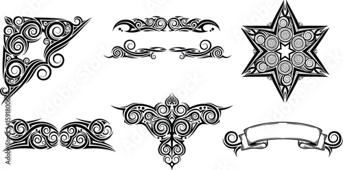 Intricate black and white ornamental designs, decorative vector elements, tattoo art, graphic dividers, symmetrical patterns, corner motifs, isolated, editable, vintage style