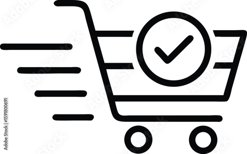 Black shopping cart icon with green checkmark and motion lines trolley commerce